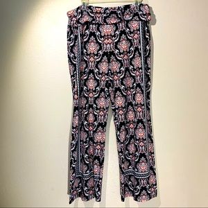 Robert Louis Palazzo Pants in Black, White and Orange Boho Print. Size XL.